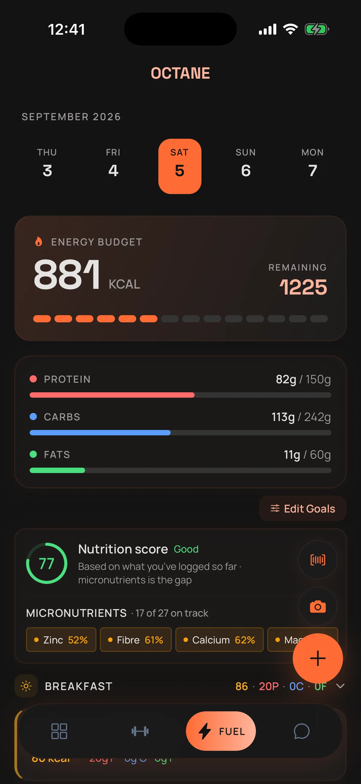 The Fuel tab in OCTANE showing the energy budget, macro progress, nutrition score and logged meals