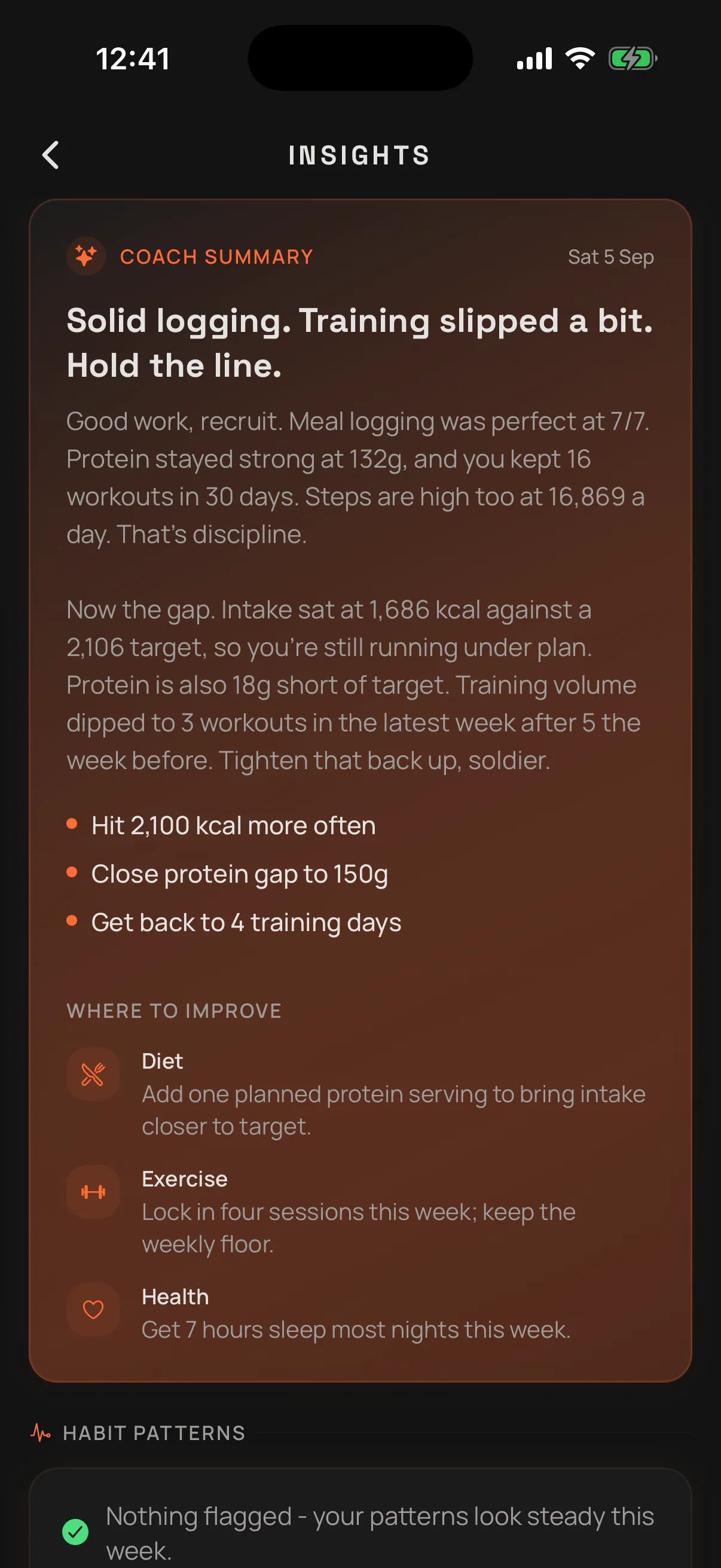 The Insights screen with an AI summary of recent training and habit tips