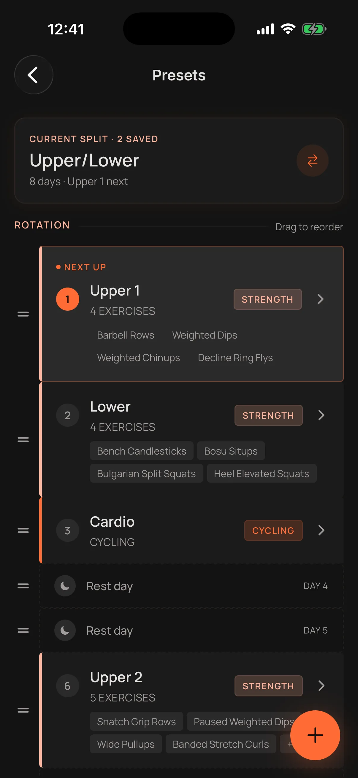 The Preset Manager showing a saved Push / Pull / Legs rotation with the next session marked