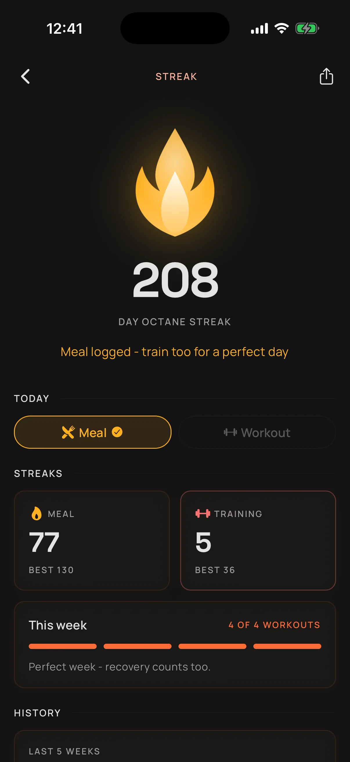 The streak screen with the flame, current streak count and the week at a glance