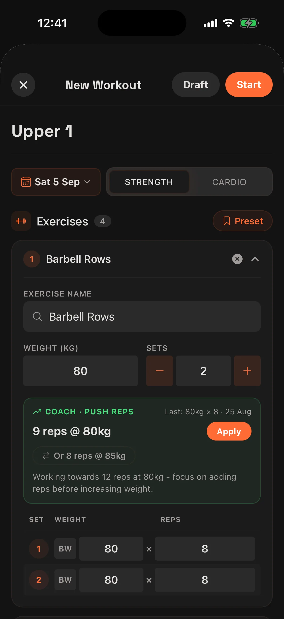 A workout in OCTANE with the coach card suggesting the next weight and reps for an exercise